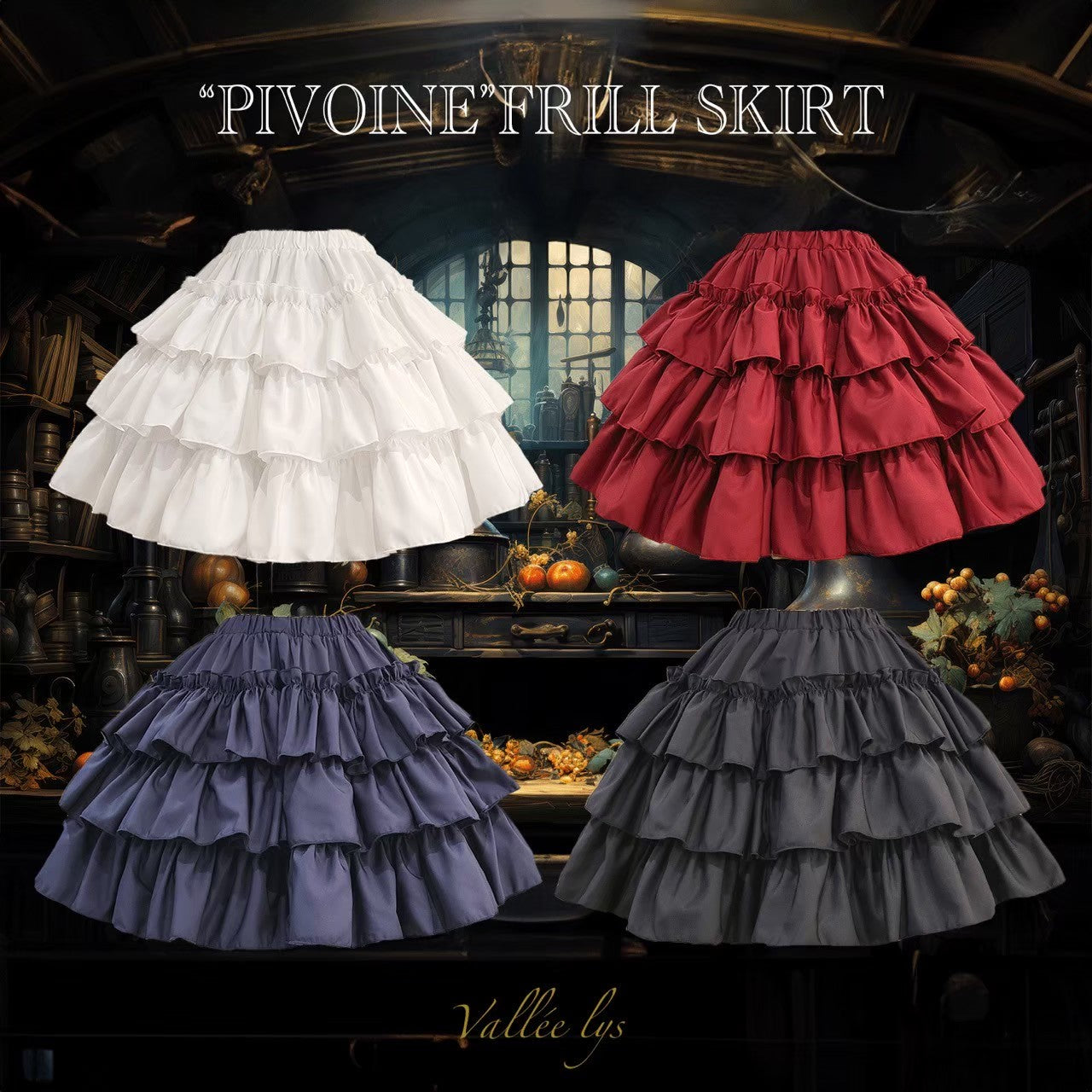 【Vallée lys】ヴァレリス　“Pivoine”Frill Skirt 　 White/Wine/新色TealGreen/Navy/ Black