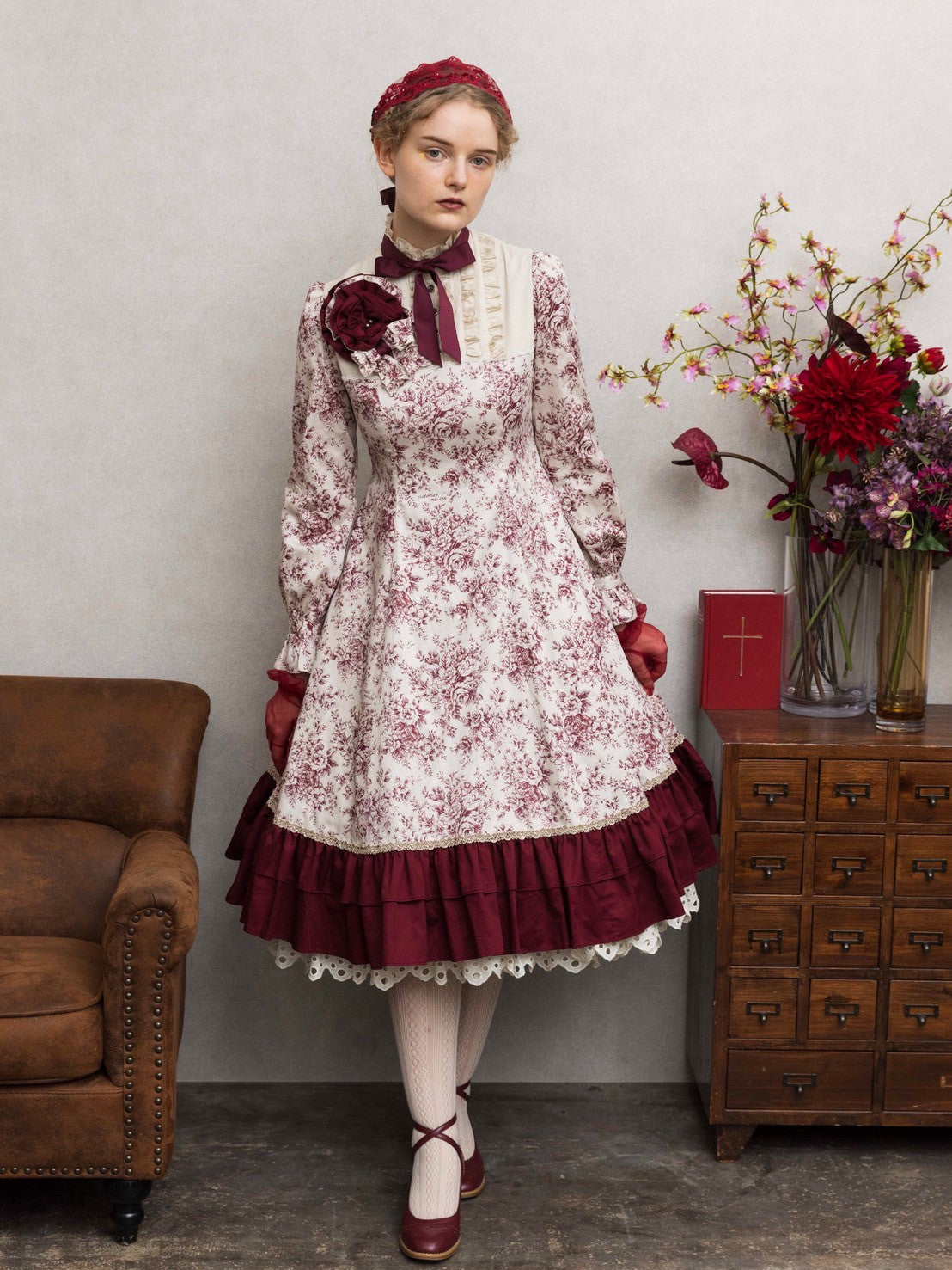 [Victorian Jungfrau] Victorian Jungfrau Rosenkleid Burgund/Dunkelbraun/Schwarz ★Bestellzeit bis Mittwoch, 27. August★