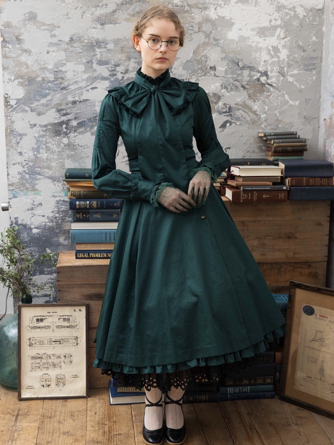 [Victorian Maiden] 빅토리아 처녀 고귀한 새틴 시리즈 고귀한 새틴 더블 주름 블라우스 보르도/이끼 녹색/블랙★10 월 6 일 월요일까지 주문 기간★