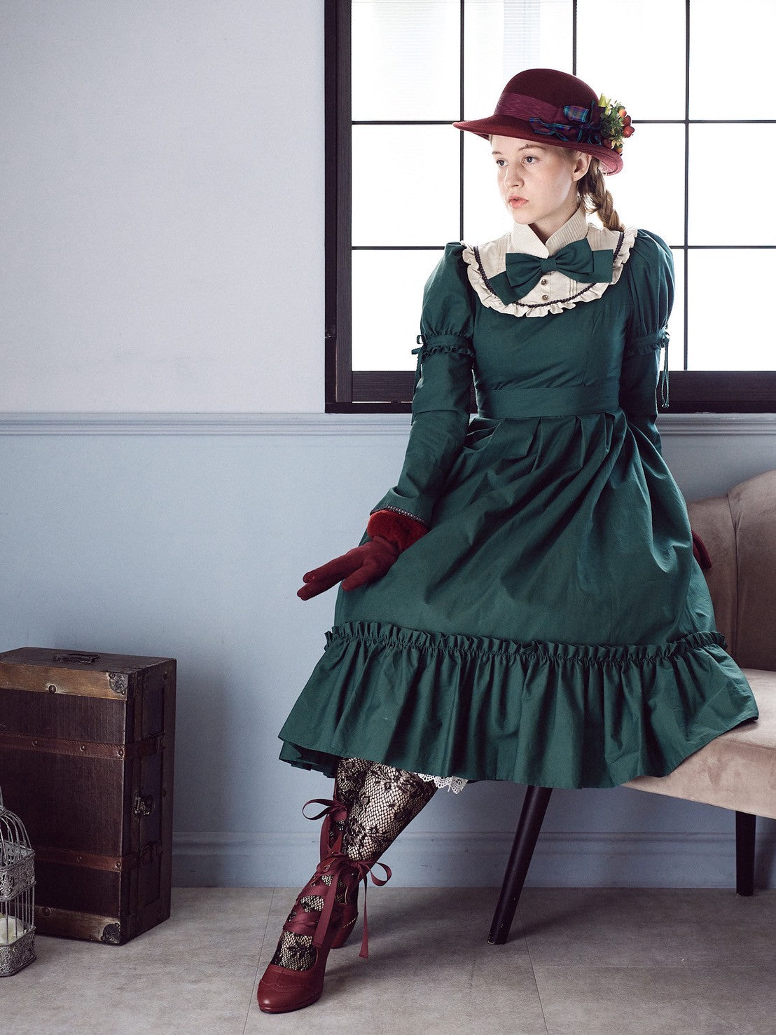 [Victorian Maiden] 빅토리아 처녀 고귀한 새틴 시리즈 고귀한 새틴 말로리 드레스 보르도/모스 그린/블랙★10 월 6 일 월요일까지 주문 기간★