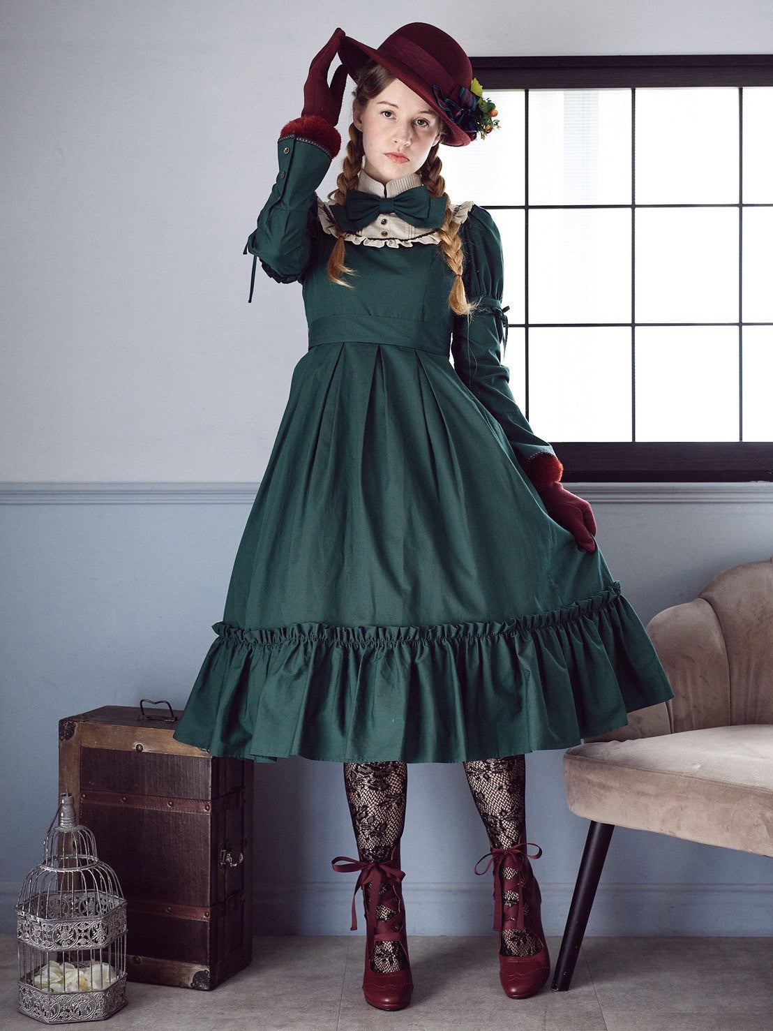 [Victorian Maiden] 빅토리아 처녀 고귀한 새틴 시리즈 고귀한 새틴 말로리 드레스 보르도/모스 그린/블랙★10 월 6 일 월요일까지 주문 기간★