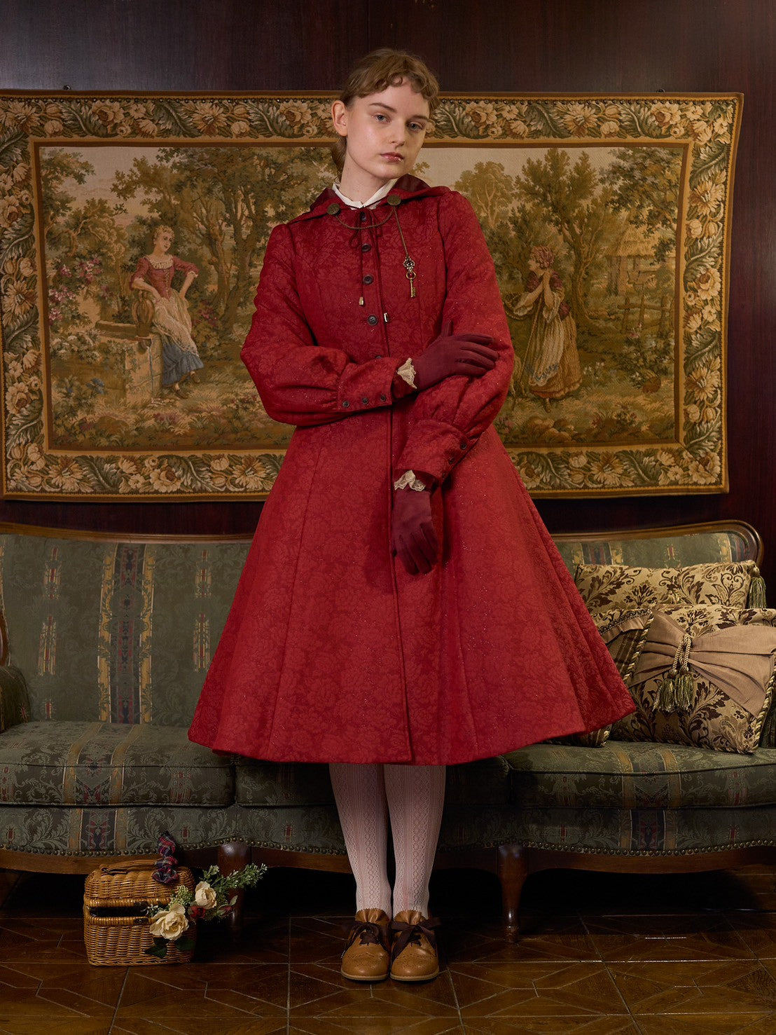 【Victorian maiden】ヴィクトリアンメイデン　　マトラッセローズフーデットロングコート　カメオローズ/ローズレッド/ダークネイビー