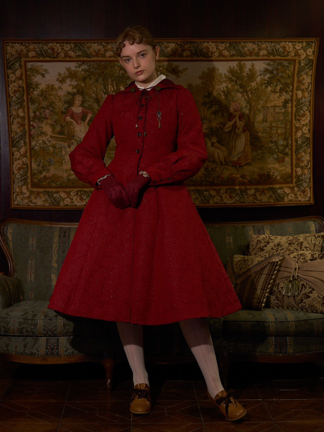 【Victorian maiden】ヴィクトリアンメイデン　　マトラッセローズフーデットロングコート　カメオローズ/ローズレッド/ダークネイビー