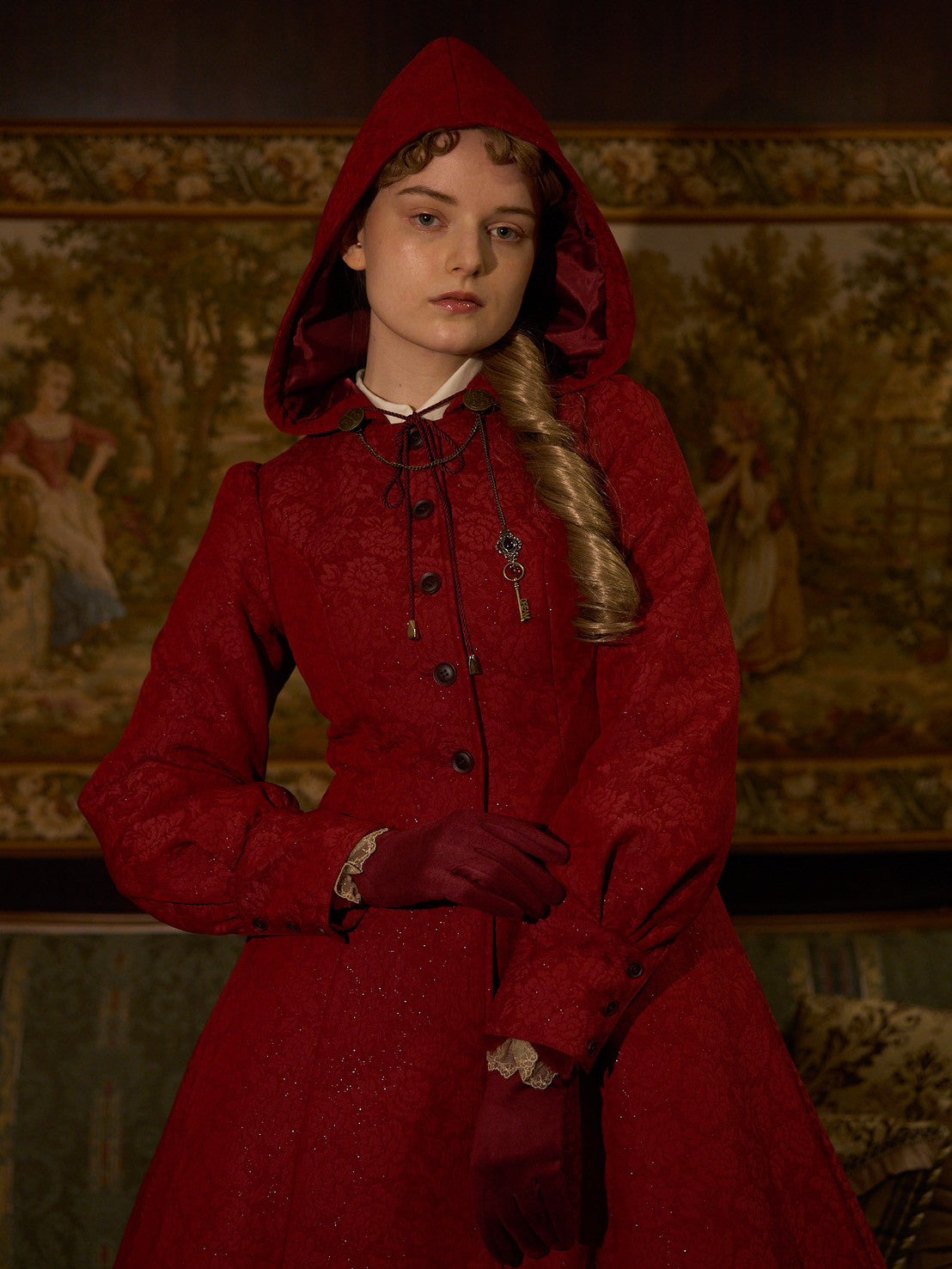 【Victorian maiden】ヴィクトリアンメイデン　　マトラッセローズフーデットロングコート　カメオローズ/ローズレッド/ダークネイビー