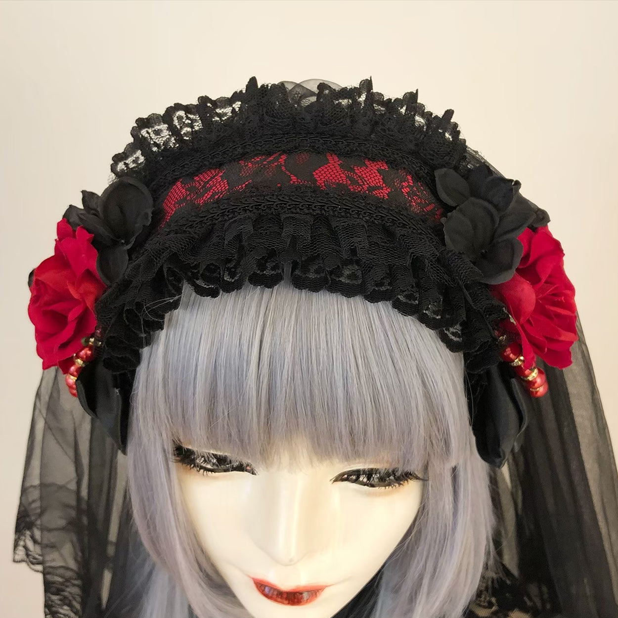 【Estrellas】エストレージャス　ロングヴェールカチューシャ　黒×赤