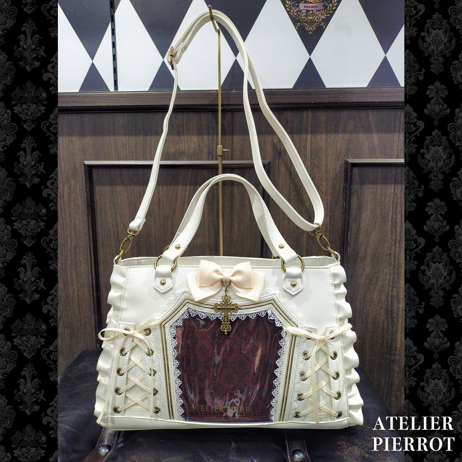 【ATELIER PIERROT】　★ご予約受付中★ “Secret Reliquary” Lace-Up Bag 　ホワイト/ブラック×ボルドー/ブラック