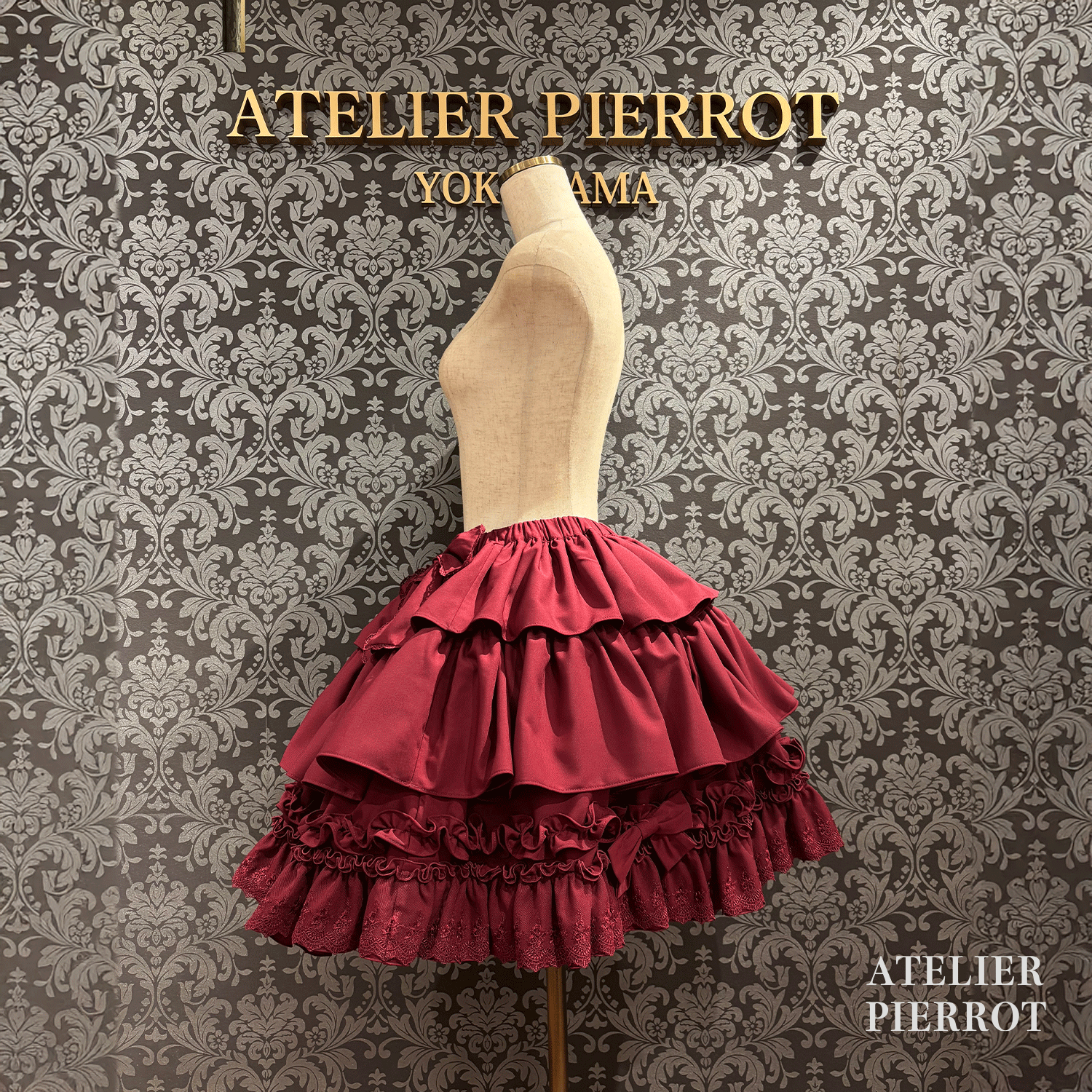 【ATELIER PIERROT】　Melty Ribbon Tier Skirt　ホワイト/ボルドー/ブラック　