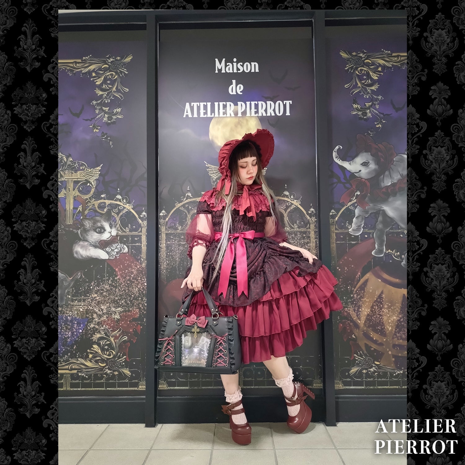 【ATELIER PIERROT】　★ご予約受付中★ “Secret Reliquary” Lace-Up Bag 　ホワイト/ブラック×ボルドー/ブラック