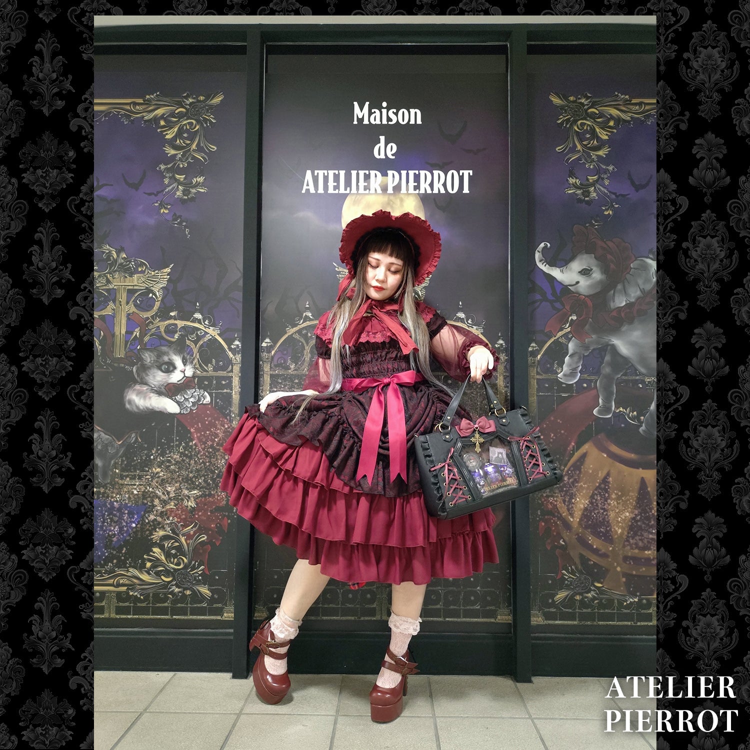 【ATELIER PIERROT】　★ご予約受付中★ “Secret Reliquary” Lace-Up Bag 　ホワイト/ブラック×ボルドー/ブラック