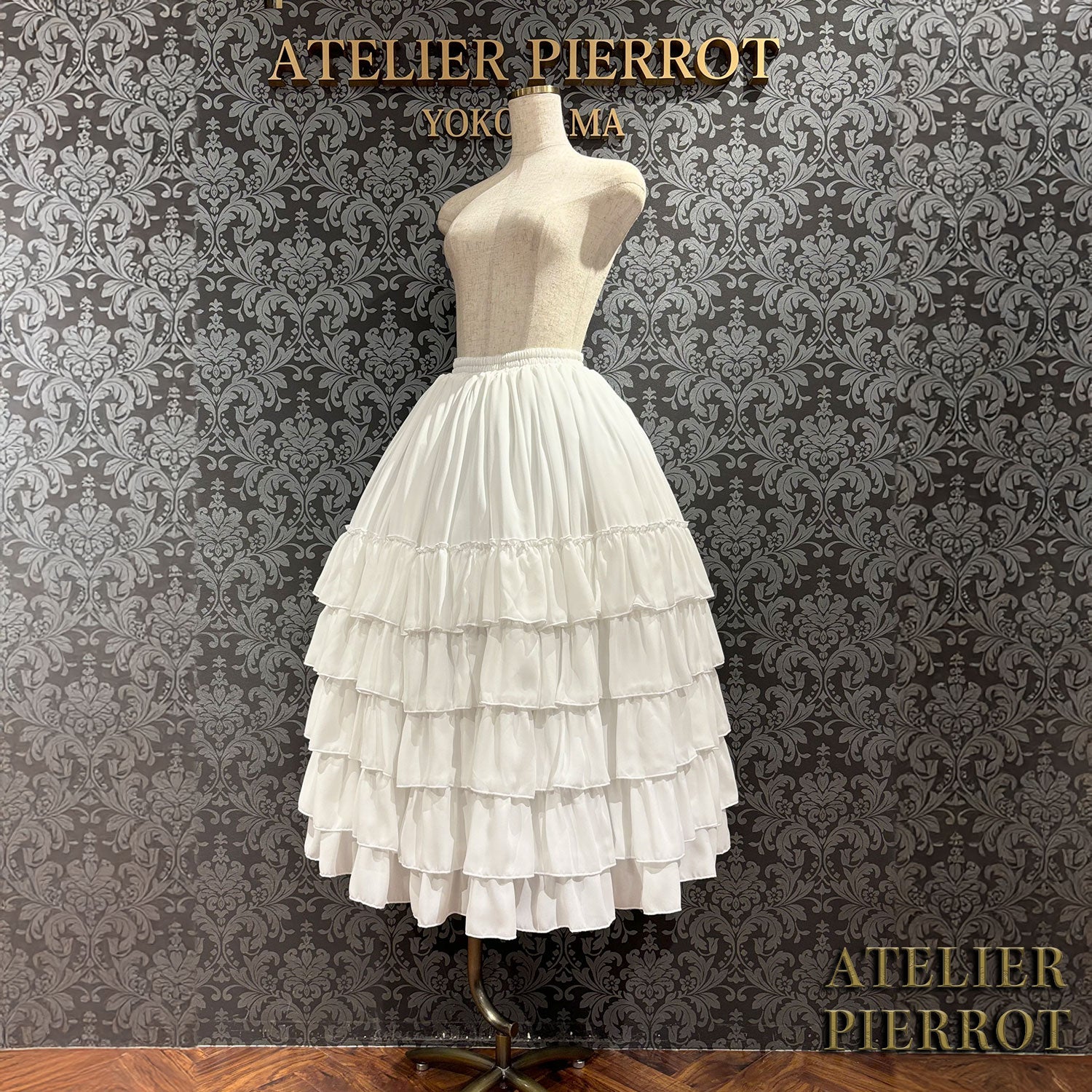 【ATELIER PIERROT】　Midnight Cascade Long Skirt　White/Bordeaux/Black