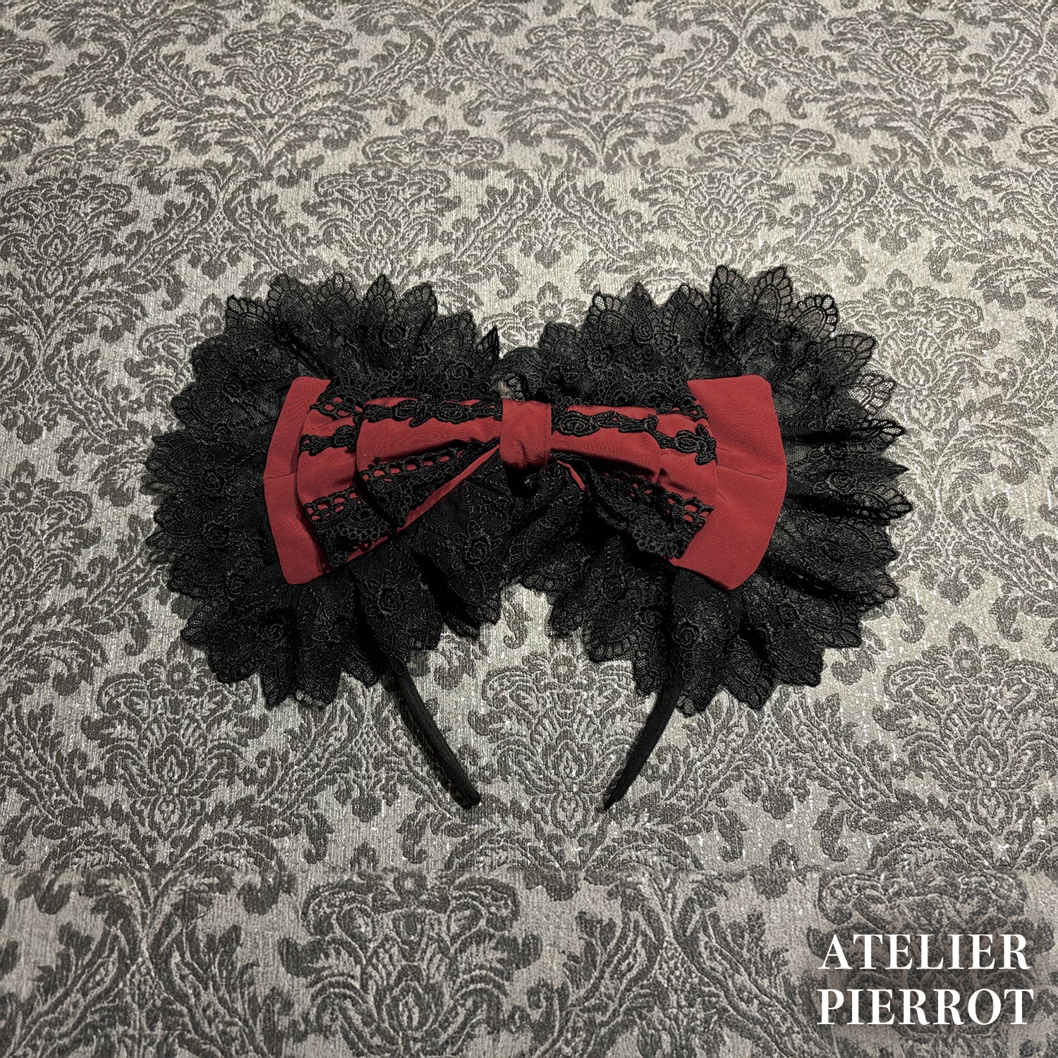 【ATELIER PIERROT】　Sweet Lace Ribbon Headband 　ホワイト/ボルドー/ブラック×ホワイト/ブラック