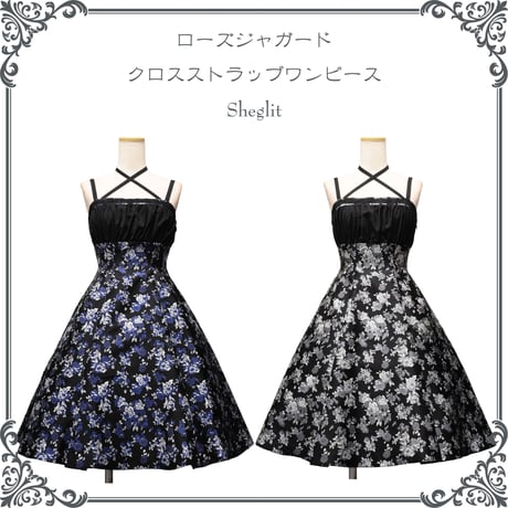 【Sheglit】シェグリット　ローズジャガードクロスストラップワンピース　ネイビー/ブラック
