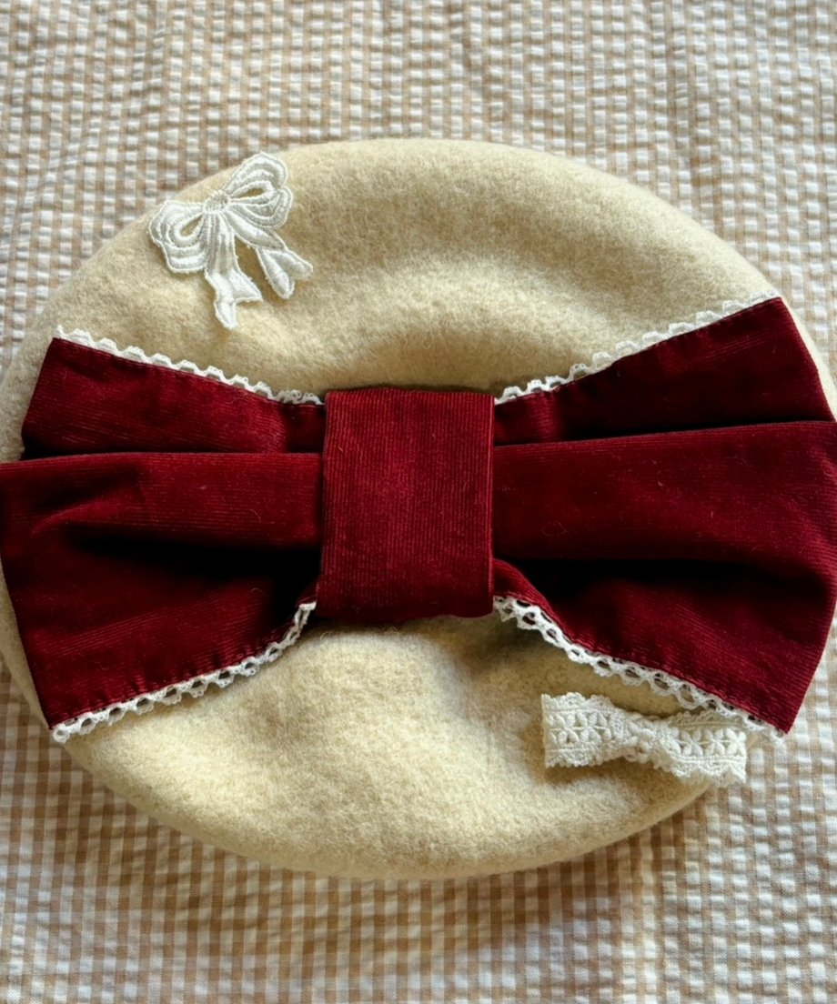 [Moonrise Theater] Moonrise Theater Ribbon Ribbon Beret Ivory x Red Ri ...