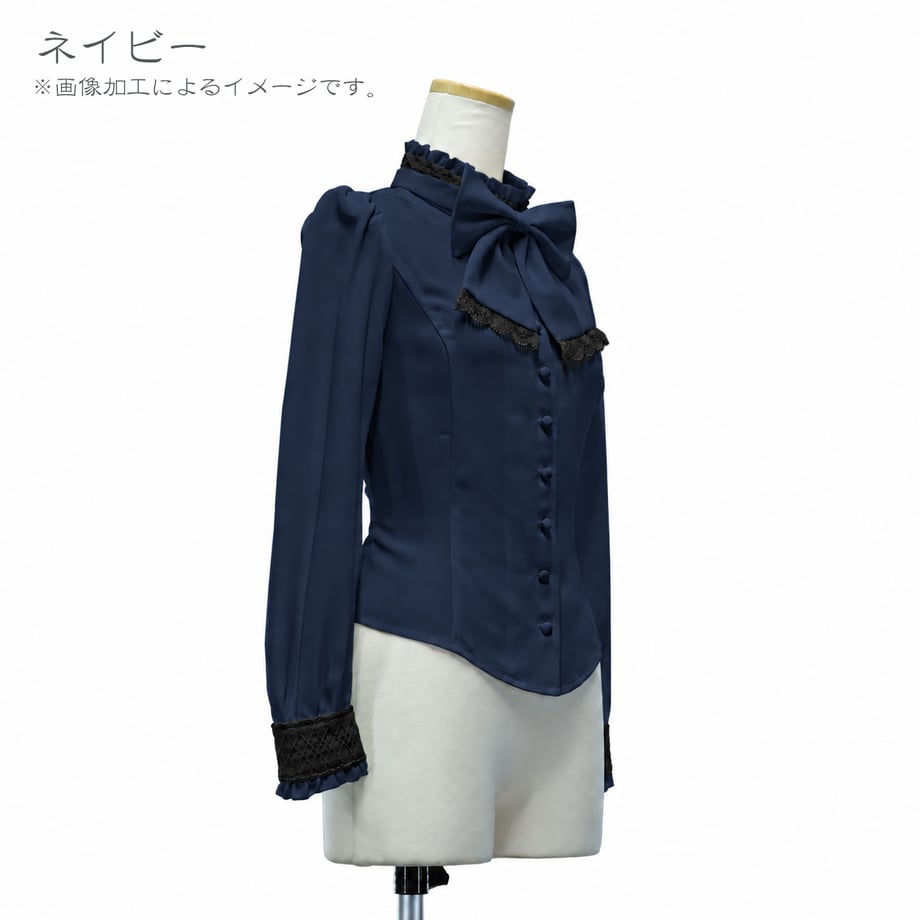 [Sheglit] Sheglit ●Reservierung●Jabot-Bluse mit Stehkragen und SchleifeWhite/BlackM-Größe/L-Größe