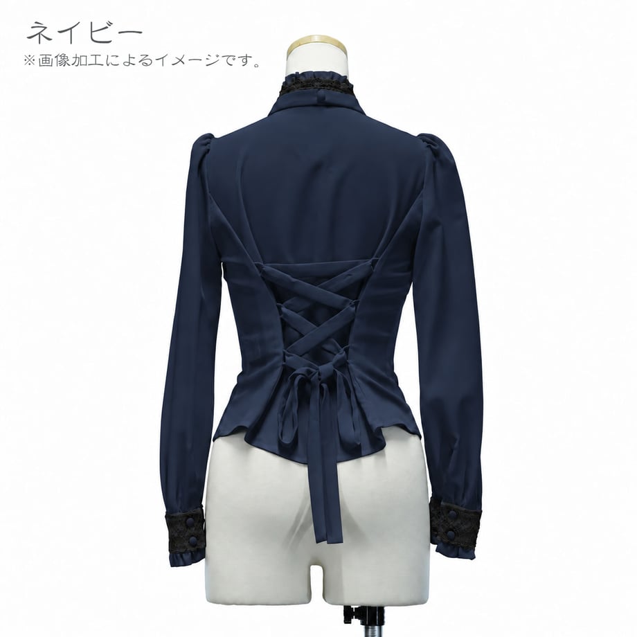 [Sheglit] Sheglit ●Reservierung●Jabot-Bluse mit Stehkragen und SchleifeWhite/BlackM-Größe/L-Größe