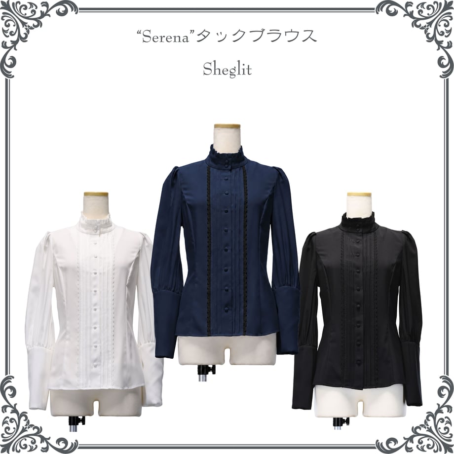 【Sheglit】シェグリット　●予約●"Serena"タックブラウス　ホワイト/ネイビー/ブラック　MサイズLサイズ