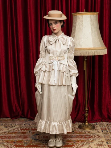 【Victorian maiden】ヴィクトリアンメイデン　★ご予約受付中★  シャイニーストライプラッフルフリルバッスルスカート　ベージュ/グレージュ/ブラック
