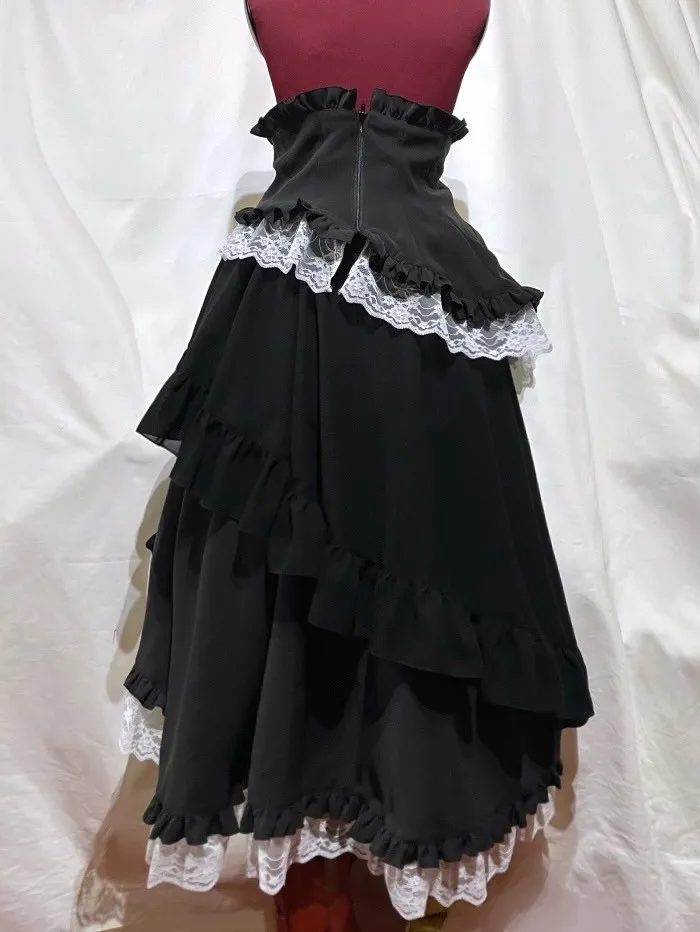 [大理石]带有大理石紧身胸衣螺旋长褶皱裙子的不同材料：白色X白色蕾丝