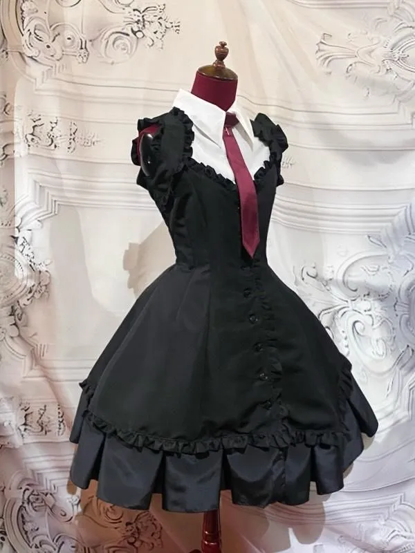 [Mármol] Vestido plisado de caja de estilo de mármol con blusa de corbata: franja negra x blanco x corbata negra