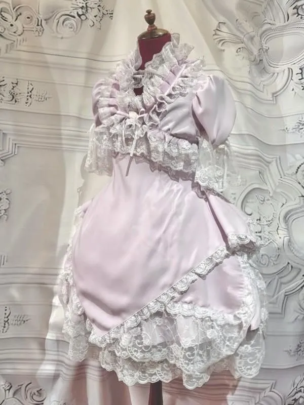 [MARBLE] Marble switching total frill dress+pannier with volume lace skirt: pink x white lace