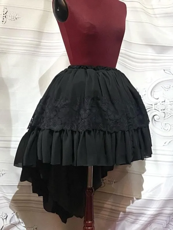 [MARBLE] Falda larga de volumen mármol con alforja: negro x encaje negro