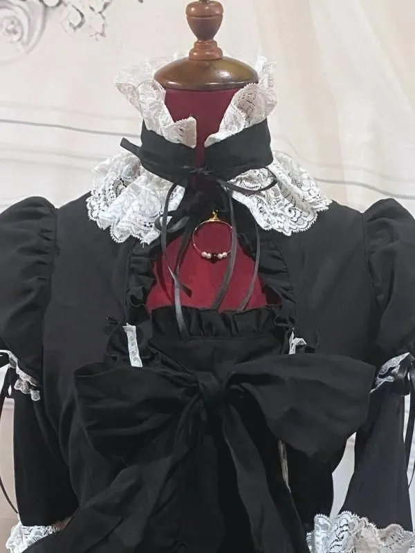 [MARBLE] Marmor-Halsbandkleid im viktorianischen Stil mit Trubelband: Schwarz und Weiß, Größe L★Nicht zum VERKAUF berechtigt★