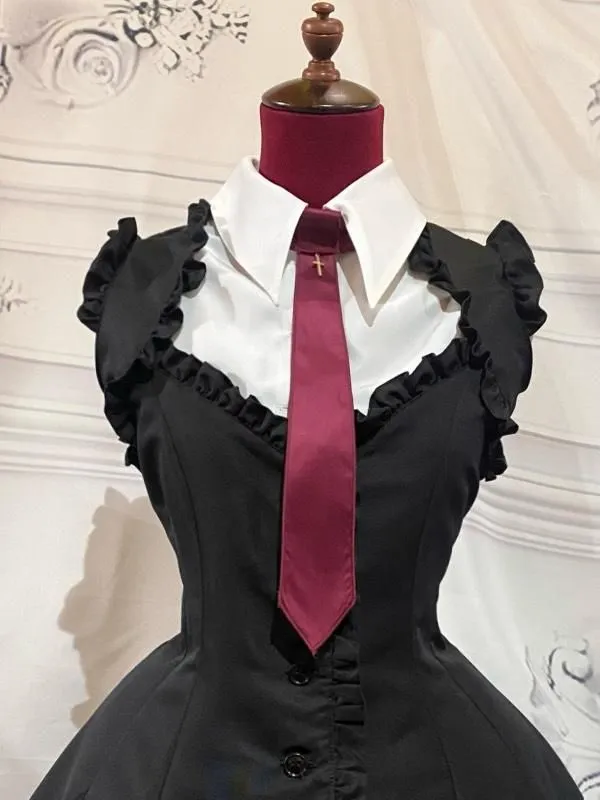 [Marble] Boîte de style marbre Robe plissée avec chemisier à cravate: Black Stripe x White x Black cravate