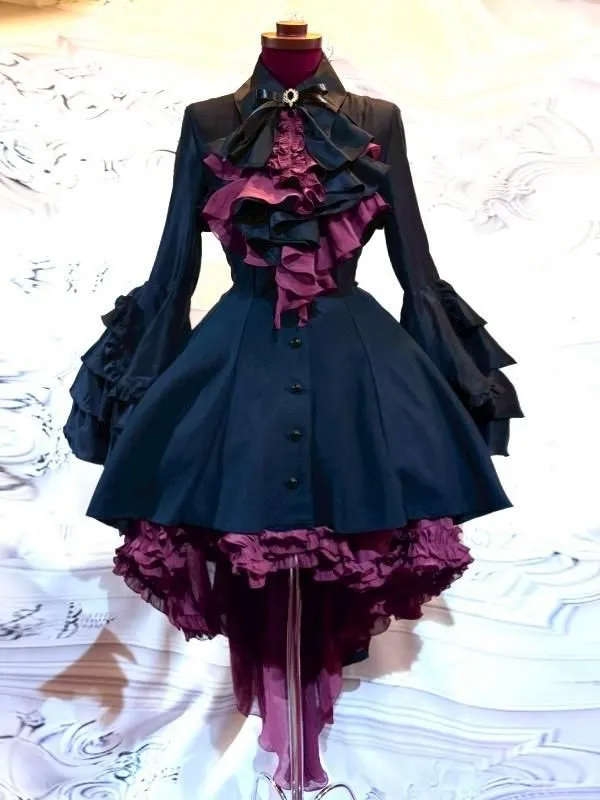 【MARBLE】マーブル　ドレープタイ付きゴシックエレガンスブラウスワンピース：黒×えんじフリル