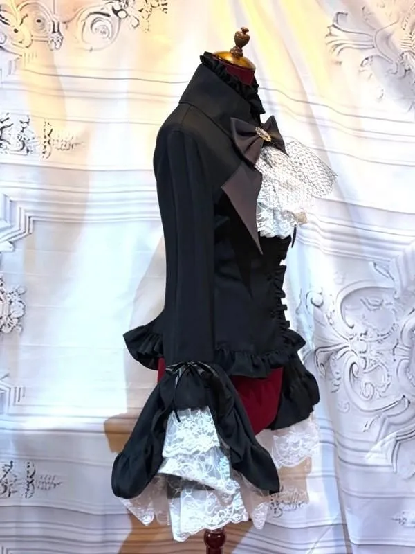 [MARBLE] Marble classical decoration blouse with separate tie: black stripe x black x white lace