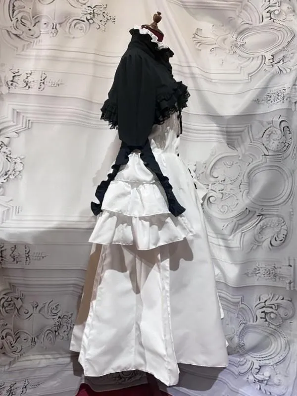 【MARBLE】マーブル　クラシカル調ロングブラウスワンピース+ショート丈モダンジャケット+十字架ネックレス：白×黒