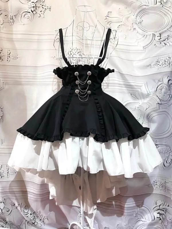 High waist drape skirt with emblem decorative chain: black x white ruffles★Not eligible for SALE★