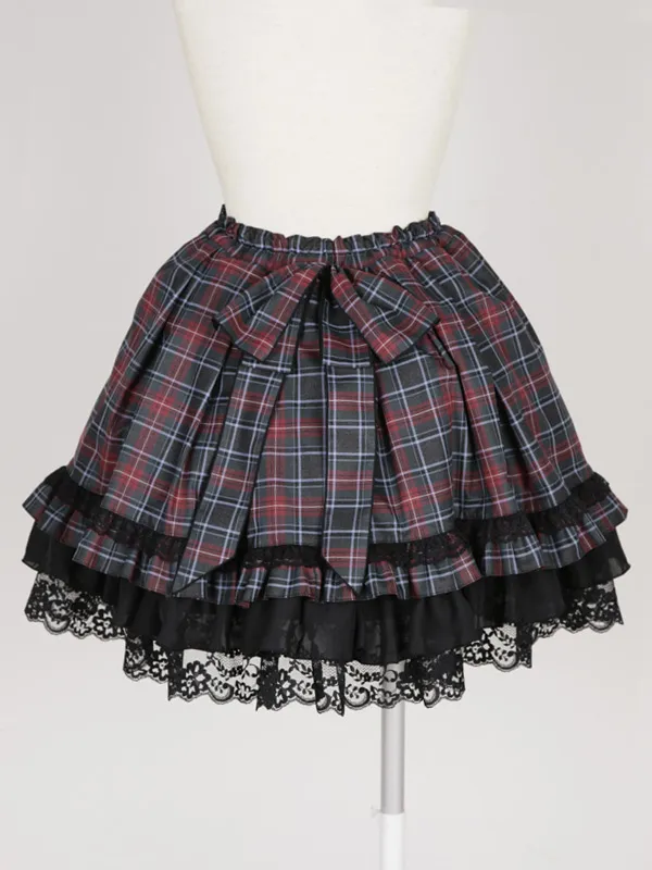 【MARBLE】マーブル　前ギャザースカラップスカート（パ二エ入り）：黒えんじチェック×黒レース