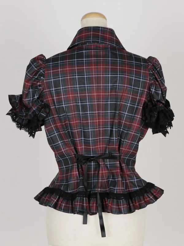 【MARBLE】マーブル　ネクタイ型フリルタイ付きパフスリーブブラウス+前ギャザースカラップスカート：黒えんじチェック×黒タイ×黒レース