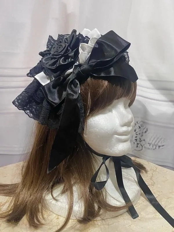 [Marble] Marble Rose Decoration Lady Bonnet: White X Black Lace