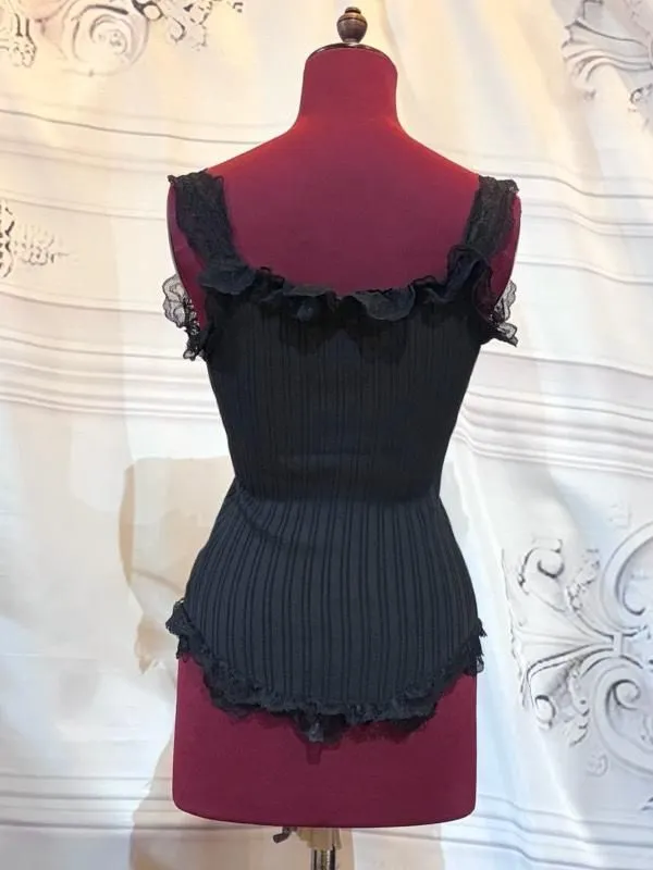 [MARBRE] Caraco ouvert sur le devant en marbre avec roses décoratives en dentelle : roses noires x noires