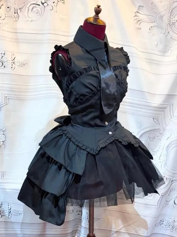 [Marbre] Robe de chemisier de style marbre à bustier en marbre avec croix de motif: Stripe noire et blanc x noir x noire cravate