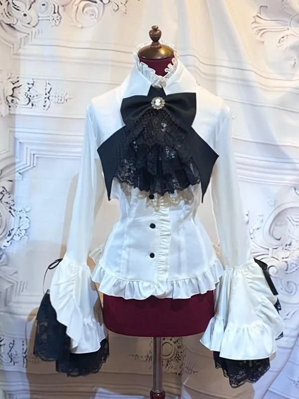 [Marbre] Blouse de décoration classique en marbre avec cravate séparée: blanc x noir x race blanche