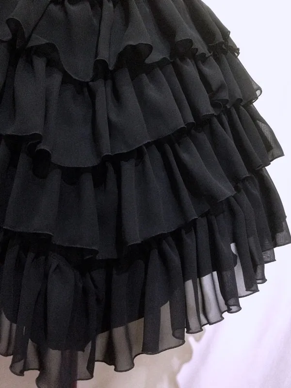 [Marble] Jupe féminine en forme de V en couches en marbre: Black Georgette Ruffles