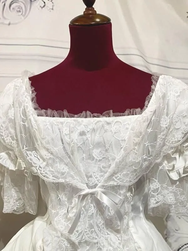 [MARBLE] Marble voluminous dress tuck dress with lace collar: white x white