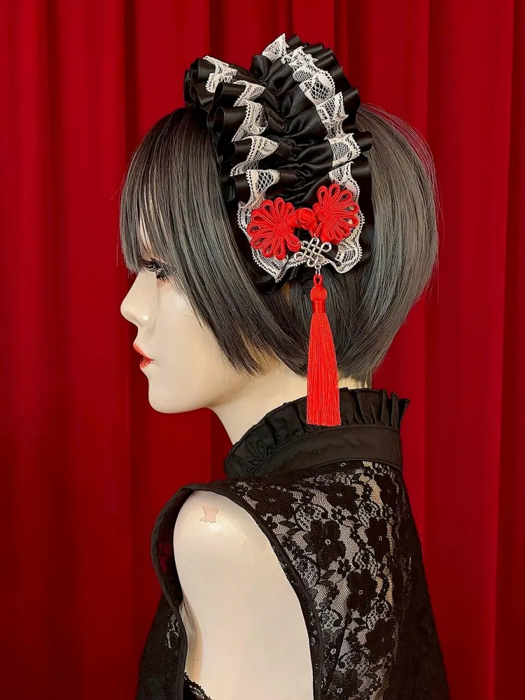 【Estrellas】エストレージャス　アジアンゴシックタッセルカチューシャ／黒×白／赤タッセル★ウィンターセール2月23日まで★