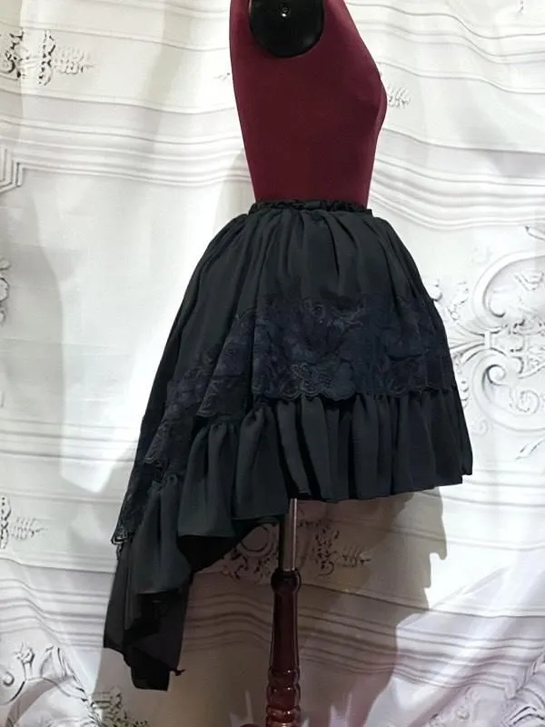 [MARBLE] Falda larga de volumen mármol con alforja: negro x encaje negro