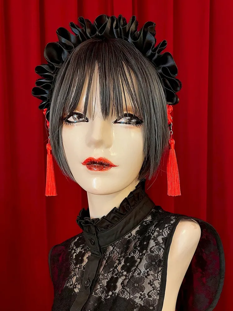 【Estrellas】エストレージャス　アジアンゴシックタッセルカチューシャ／黒×黒／赤タッセル★ウィンターセール2月23日まで★