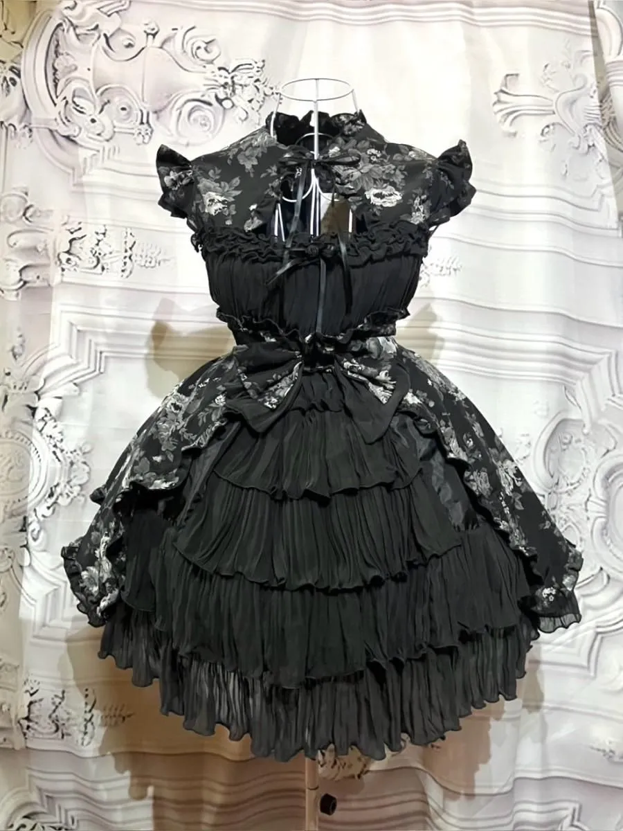[Marmor] Marmor-Farbstil Bolero mit farbig dekorativem Kleid: Graues Rosenmusterkleid