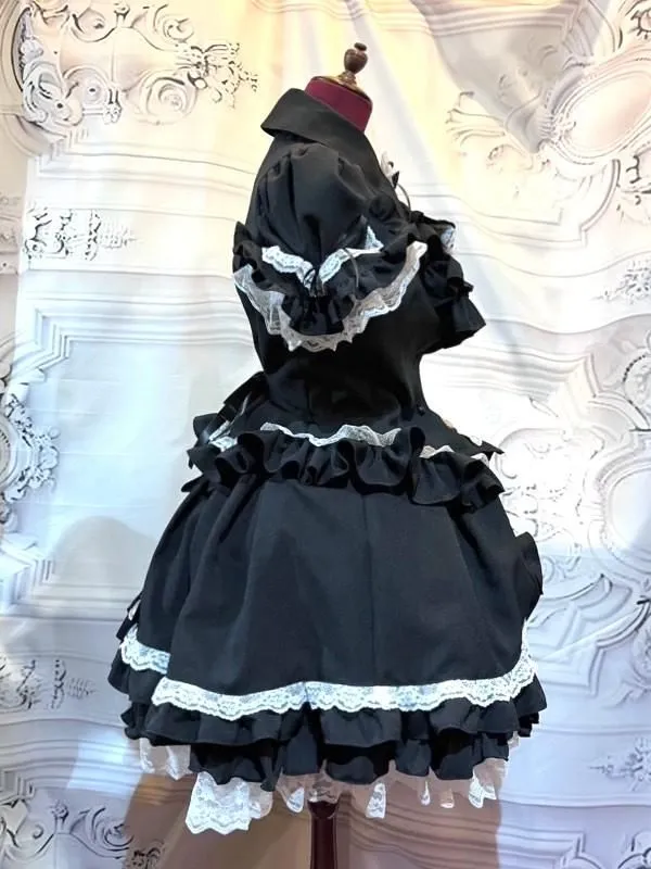 【MARBLE】マーブル　ネクタイ型フリルタイ付きパフスリーブブラウス+前ギャザースカラップスカート：黒×黒タイ×白レース