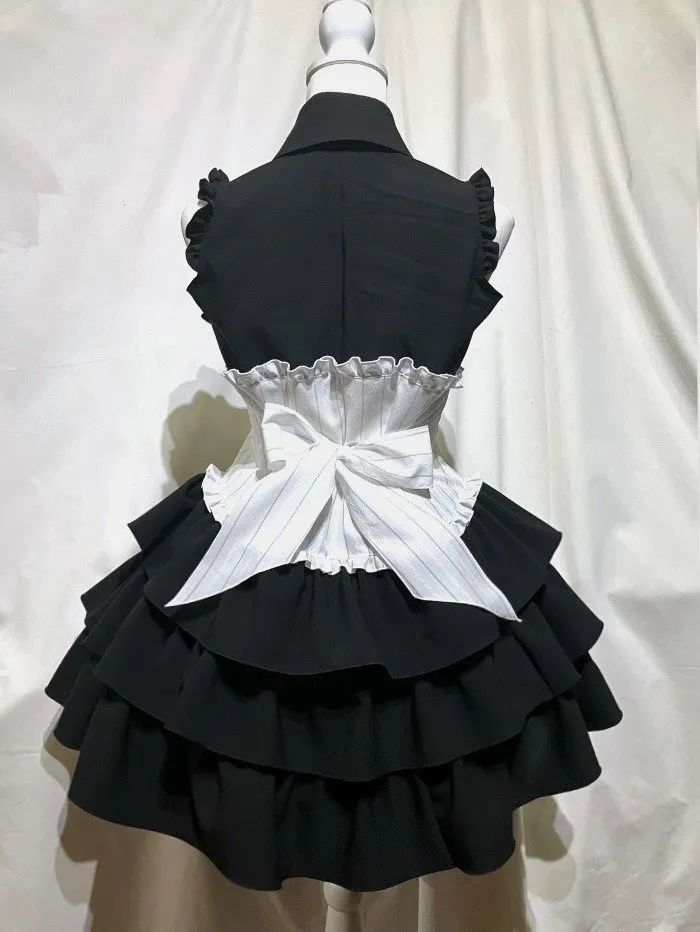 [대리석] 크로스 모티프 넥타이가있는 대리석 bustier 스타일의 코르셋 스타일 블라우스 드레스 : 흰색 x 블랙 스트라이프 x 검은 넥타이