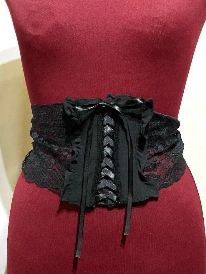 [MARBLE] Marble feminine dress with accessories + lace shawl + lace belt: black