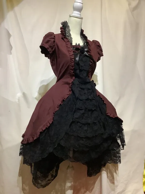 【MARBLE】マーブル　造形美ドレスワンピース：えんじ×黒レース