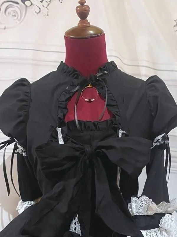 [MARBLE] Marmor-Halsbandkleid im viktorianischen Stil mit Trubelband: Schwarz und Weiß, Größe L★Nicht zum VERKAUF berechtigt★