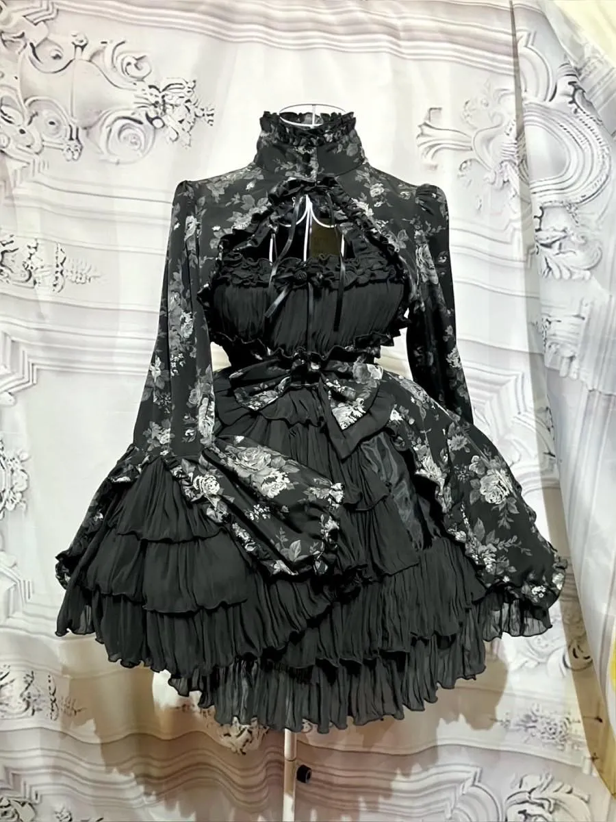 [Marmor] Marmor-Farbstil Bolero mit farbig dekorativem Kleid: Graues Rosenmusterkleid