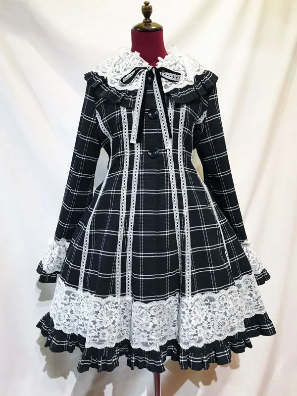 【MARBLE】マーブル　レースデコレーションロマンティックコート：黒白チェック